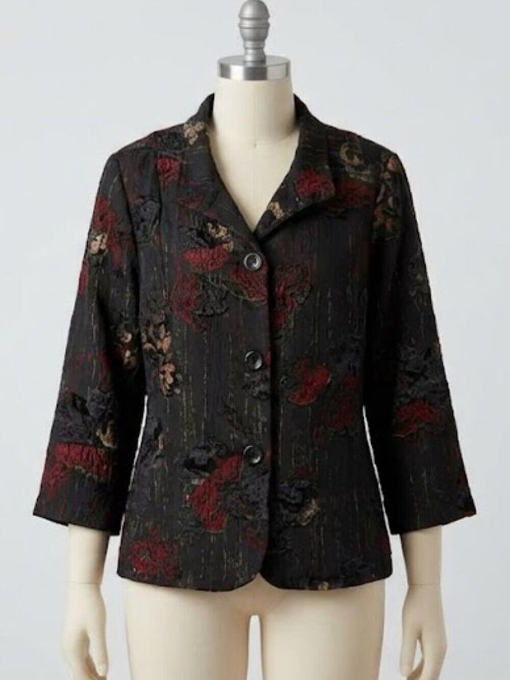 Analogy Abstract Floral Button Front Jacket Black Red Gold Size 1X Blazer